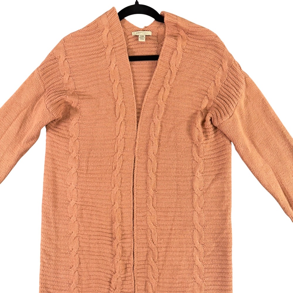 Peach Cable Knit Cardigan Womens S/M‎ Longline Chunky Sweater Cozycore Luxe